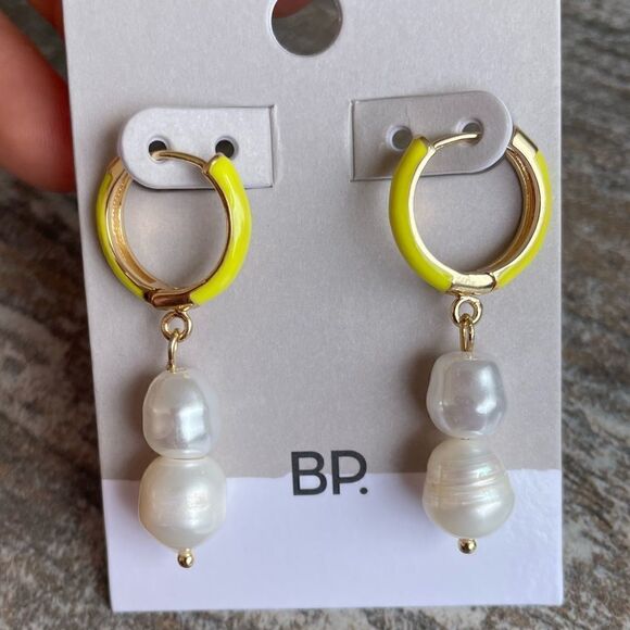 Bp Faux pearl Candy Enamel Huggies in Banana Hoop Earrings with drop Pearls - Picture 1 of 3